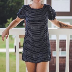 navy mini dress with plume sleeves
